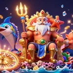 Experience the thrill of n188 with Neptune and a samurai in a vibrant casino scene.