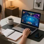 Engaging in online poker on a laptop at home while using o8net3 for gaming strategies.