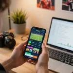 Placing bets on the lucks8 app during an exciting sports event in a modern home office.
