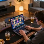 Player enjoying online gaming on alo8net with slots showing colorful interface in a cozy environment.