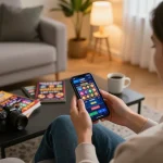 Player engaging with the LLWIN app displaying a vibrant slot game win on smartphone.
