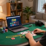Engage in exciting gameplay at f168 with a cozy online setup for blackjack featuring snacks and warm lighting.