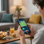 Miso88 sports betting excitement with user engaged on mobile app, showcasing a vibrant home atmosphere.