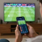 Socolive user engaging with sports betting app while watching live soccer match on screen