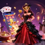 Engage with 007win’s thrilling games featuring a glamorous lady in a striking gown, surrounded by vibrant casino elements.