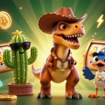 Bet on thrilling adventures at rr88 casino, featuring a cowboy dinosaur and crypto elements in a vibrant illustration.