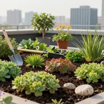 Lebendige Sedum-Pflanzen für Pflanzen für Gründach in einem städtischen Dachgarten.