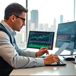 Analyse von ETFs und passive Fonds durch einen Finanzanalysten in einem modernen Büroumfeld.