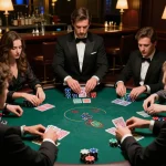 Players engaging in strategic blackjack at 79KING's elegant casino, showcasing competitive spirit with chips.