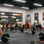 Anabolika Shop showcasing vibrant gym scene with bodybuilders training and discussing anabolic products in a dynamic fitness environment.