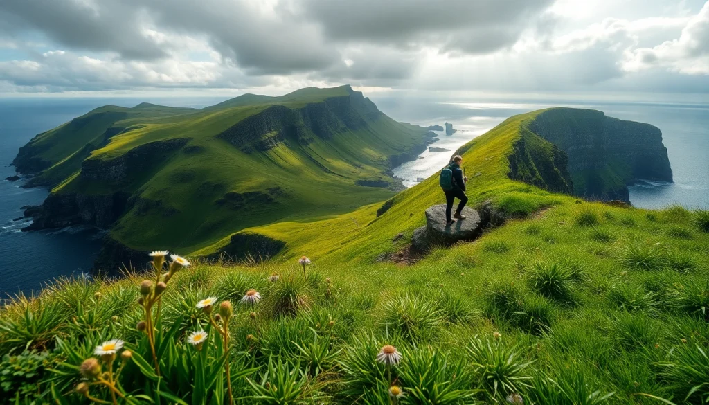 Erlebe Irland wandern mit einem Wanderer an der Klippe, umgeben von grünen Hügeln und dramatischen Wolken.