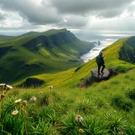 Erlebe Irland wandern mit einem Wanderer an der Klippe, umgeben von grünen Hügeln und dramatischen Wolken.