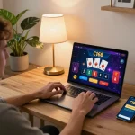 C168 player engaging with online casino games on a laptop, showing dynamic live dealer interface.