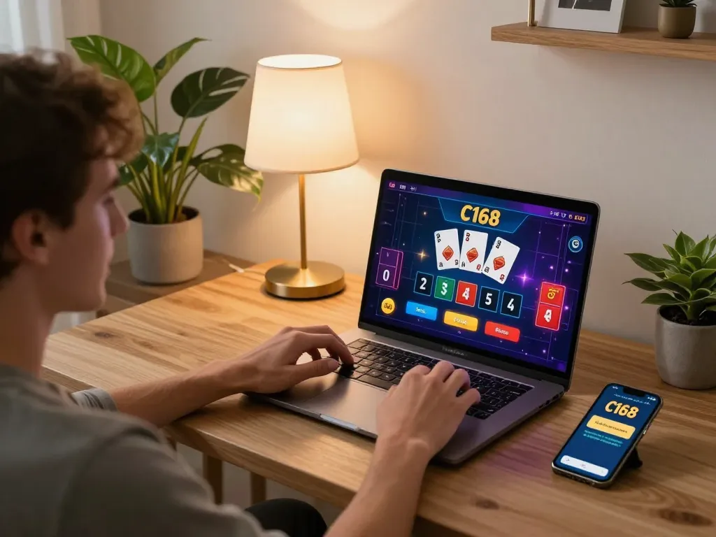 C168 player engaging with online casino games on a laptop, showing dynamic live dealer interface.