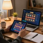 Engaged player using LV88 app for online casino gaming, showcasing strategic betting in a cozy setup.