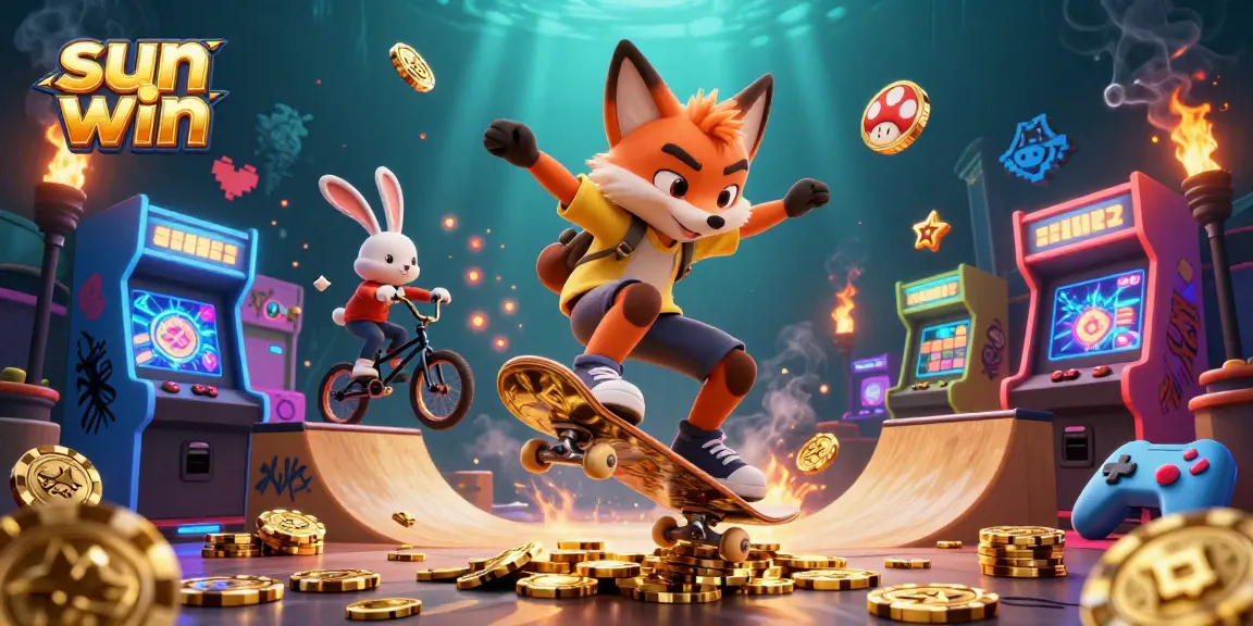 Experience thrilling action with sun win symbols in a vibrant 3D casino scene featuring dynamic characters.