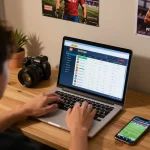 View of a person engaging with SC88 COM online sports betting interface, showcasing betting odds in an inviting home setup.