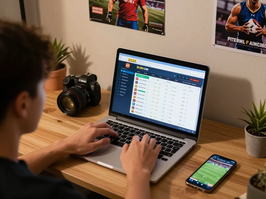 View of a person engaging with SC88 COM online sports betting interface, showcasing betting odds in an inviting home setup.