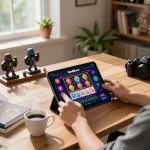 Engaging online gaming experience with New88 com app on a tablet, showcasing vibrant casino visuals and a cozy workspace.