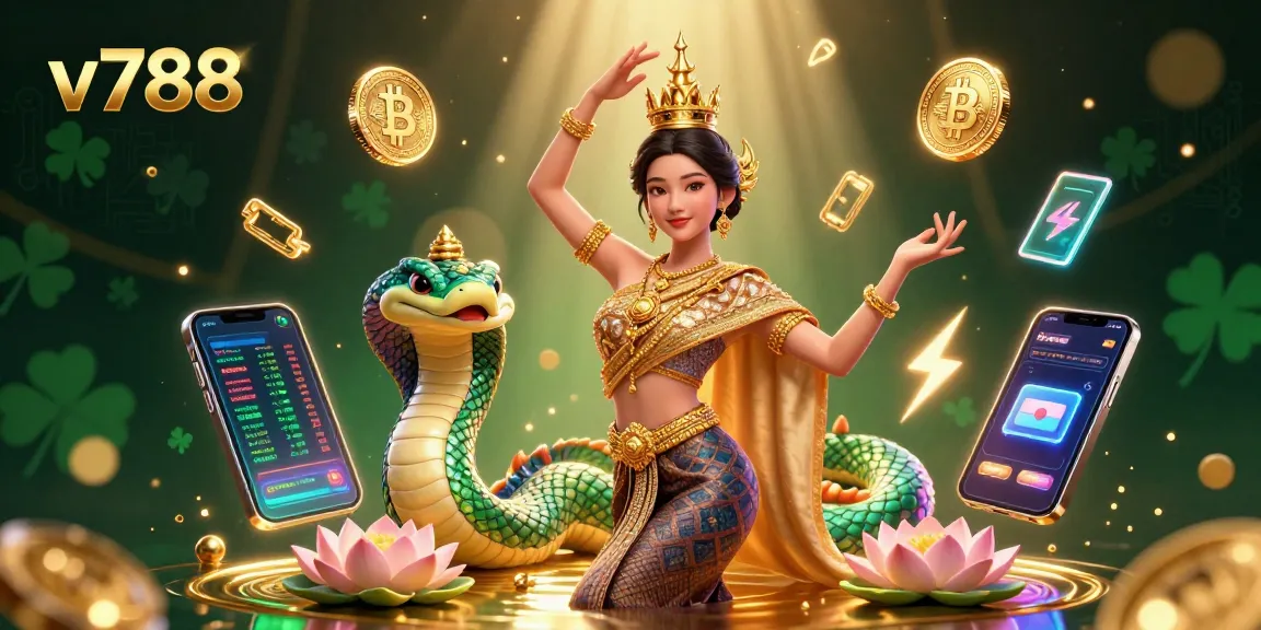 Engage with thrilling v788 gameplay in a vibrant 3D illustration featuring traditional and crypto elements.