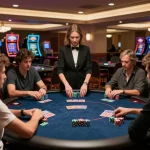 Experienced players strategizing at a high-stakes poker game at 13win casino, intense atmosphere and professional dealer.