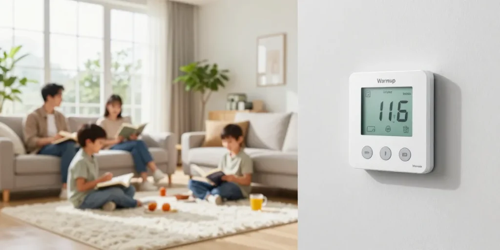 Warmup elektrisches Heizsystem in einem gemütlichen Wohnzimmer, das Komfort und Energieeffizienz zeigt.