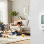 Warmup elektrisches Heizsystem in einem gemütlichen Wohnzimmer, das Komfort und Energieeffizienz zeigt.