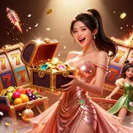 Play slots and win big with Haywin's vibrant treasure-themed illustration showcasing excitement and riches.
