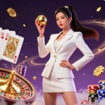 Experience the thrill of xo88 casino with a confident woman engaging with roulette and dynamic casino elements.