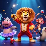 Dabet's vibrant scene showcases a circus ringmaster lion, casino elements like bingo cards, and energetic lottery balls.