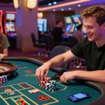 Spannender Moment in einem Paysafe Card Casino mit Spielern, die an Roulette teilnehmen und die Paysafe-App nutzen.