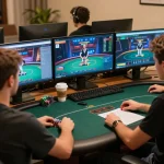 Players engaging in strategic online poker game on hubet interface, showcasing an organized gaming setup.