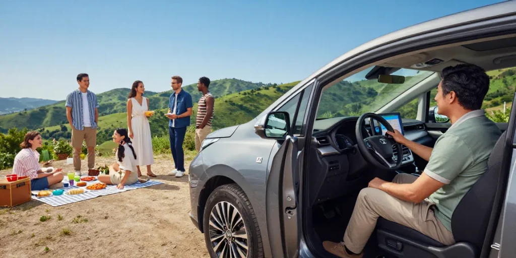 Engagierte Community im Toyota Verso Forum diskutiert die Funktionen des Toyota Verso an einer malerischen Aussichtsplattform.