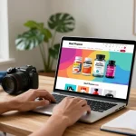 Online-Shopping-Erlebnis im Medi Pharma Shop, das anabole Steroide und Fitnessprodukte in einem gemütlichen Homeoffice für Gesundheitsbegeisterte zeigt.