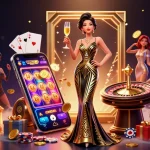 Experience the excitement at lsa with a glamorous Asian woman holding champagne at an elegant casino.