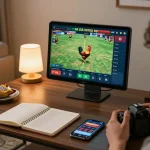 Engaging in đá gà trực tuyến at home, a player checks betting options on a tablet while enjoying snacks.