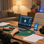 Sao789 user placing bets in a competitive online poker session from a modern home setup, showcasing strategic gameplay.