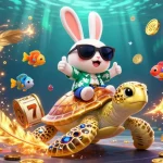 Play ทดลองเล่นสล็อต with the lucky rabbit and golden turtle in a vibrant casino scene.