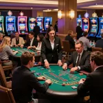 O8 SOCIAL players engaged at blackjack tables in a vibrant casino atmosphere.