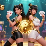 Engage with luck8s, featuring twin Asian women holding playing cards surrounded by vibrant casino elements.