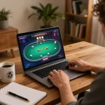 Hitclub player enjoying immersive online poker gaming session with strategic notes and cozy atmosphere.