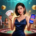 Experience excitement at RR88 Auction with a stunning Asian woman showcasing a casino app and golden chip amidst dynamic gaming elements.