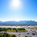 Besucher am Teneriffa Flughafen mit Blick auf aktiven Flugverkehr und modernen Terminals.