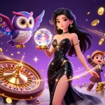 Bet on GMNC's mystical slots with a captivating illustration of a woman in a black gown and glowing crystal ball.