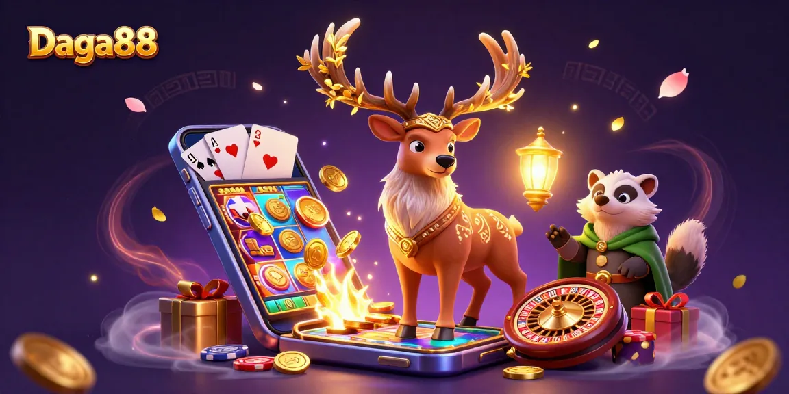 Daga88 features a magical druid with a smartphone while celebrating big wins with golden coins