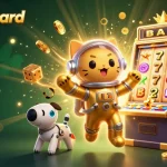 Erleben Sie Aufregung in einem Paysafe Card Casino mit einer lebhaften Illustration von Charakteren zwischen dynamischen Casino-Elementen.