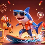 Experience thrilling gameplay action at S8 as the shark surfs through a jackpot of gold coins.