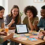 Quiz Allgemeinwissen in einer Gruppenaktivität mit Freunden beim Lernen.