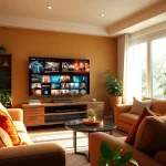 Genießen Sie iptv Deutschland in einem gemütlichen Wohnzimmer mit bequemen Sofas und einem großen Fernseher.