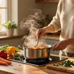 Leckere vegetarische Suppe, die in einer gemütlichen Küche zubereitet wird.